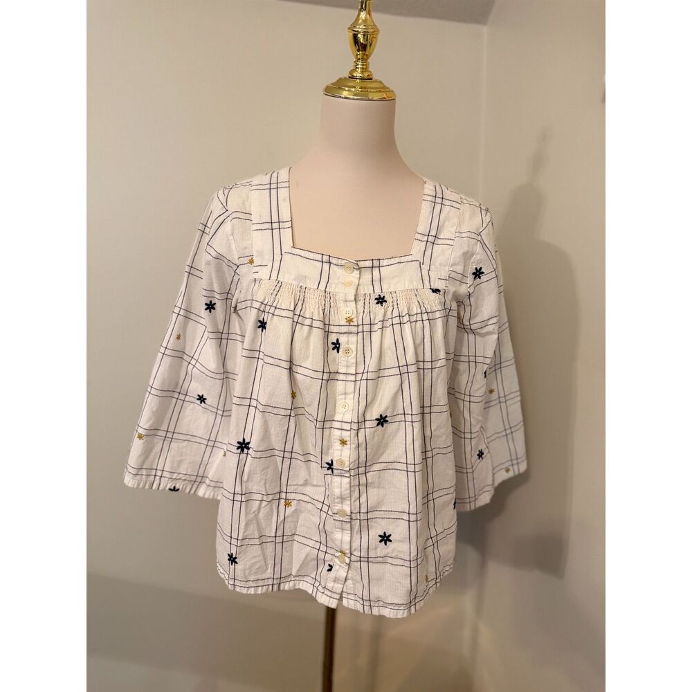 Madewell Embroidered Windowpane Square Neck Button Down Top XS White Floral